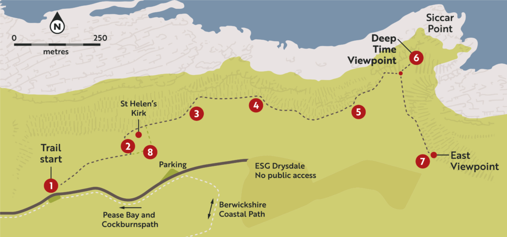 Map showing the route of the Deep Time Trail to the Siccar Point viewpoint.